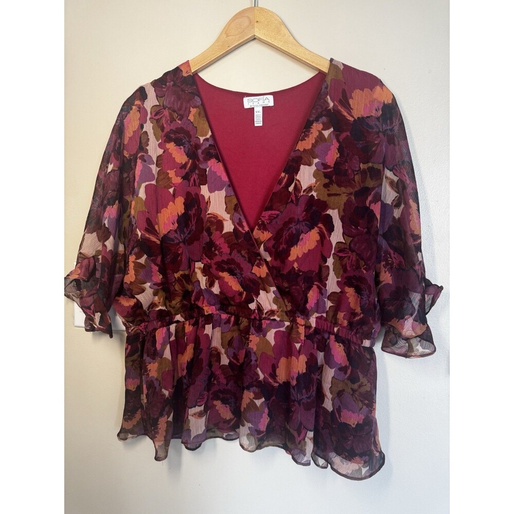 Sofia Jeans Sofia Vergara Waylin Wine Floral Peplum Top XXL V-Neck Ruffle Sleeve